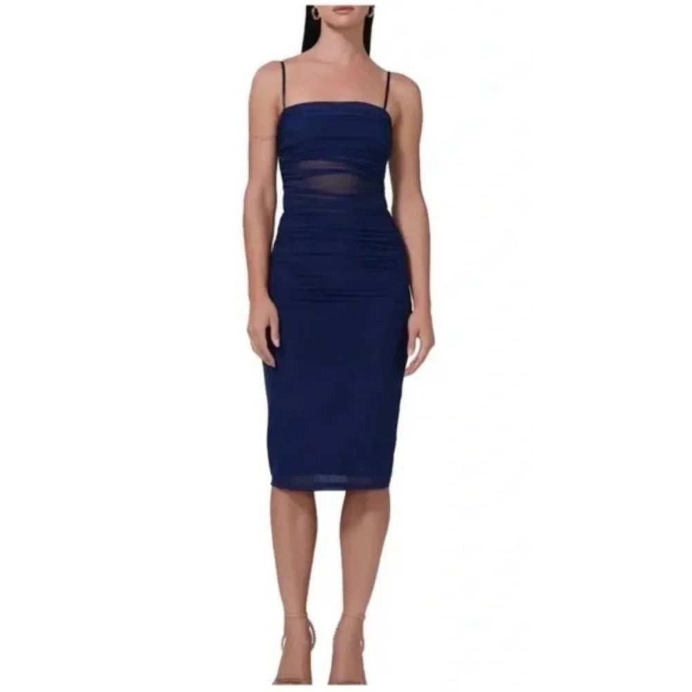 NWT AFRM Miranda Ruched Mesh Midi Dress in the shade‎ Bright Navy Blue.